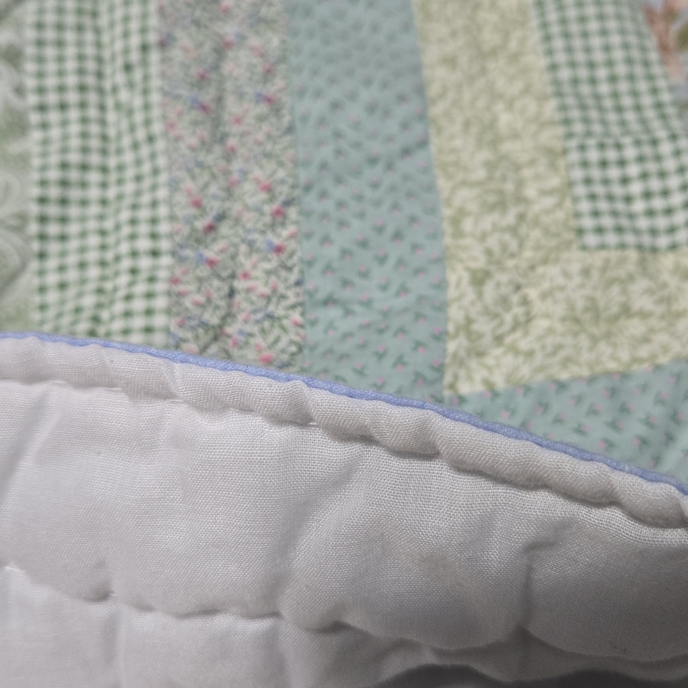 Vintage Log Cabin Lap Quilt stripe logcabin block squares blue green crib quilt - Picture 9 of 14